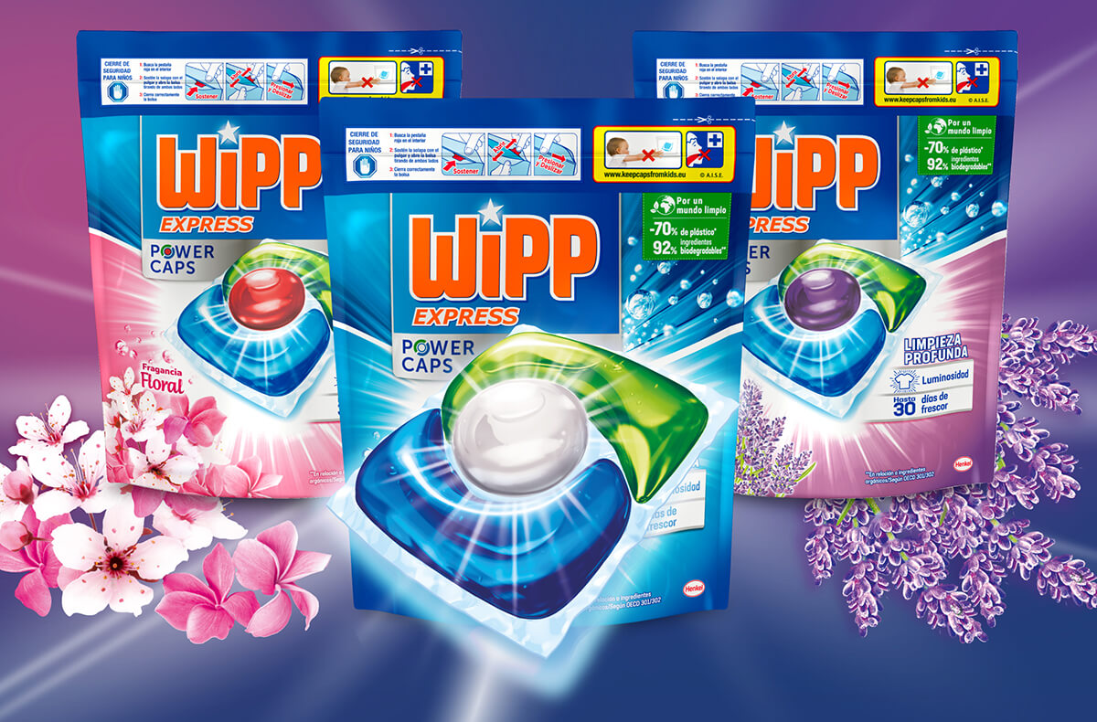 Detergente en cápsulas limpieza profunda fragancia floral Power Caps Wipp  Express 33 ud.