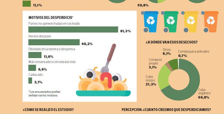 Frutas, platos cocinados y verduras frescas suponen más del 75% de los alimentos que desperdician los hogares. Fuente: Consumer.