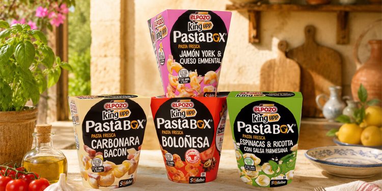 Boloñesa, Carbonara, Jamón York y Queso, y Espinacas y Ricotta, las cuatro variedades de PastaBox de ElPozo King Upp. Fuent: ElPozo Alimentación.